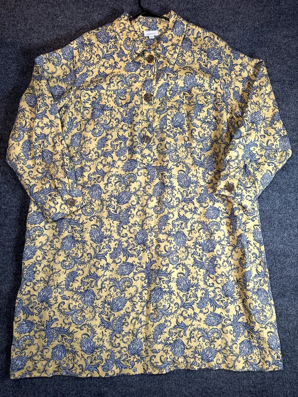 J.Jill Love Linen Women’s XL Yellow Blue Paisley Shirt Dress 100% Linen